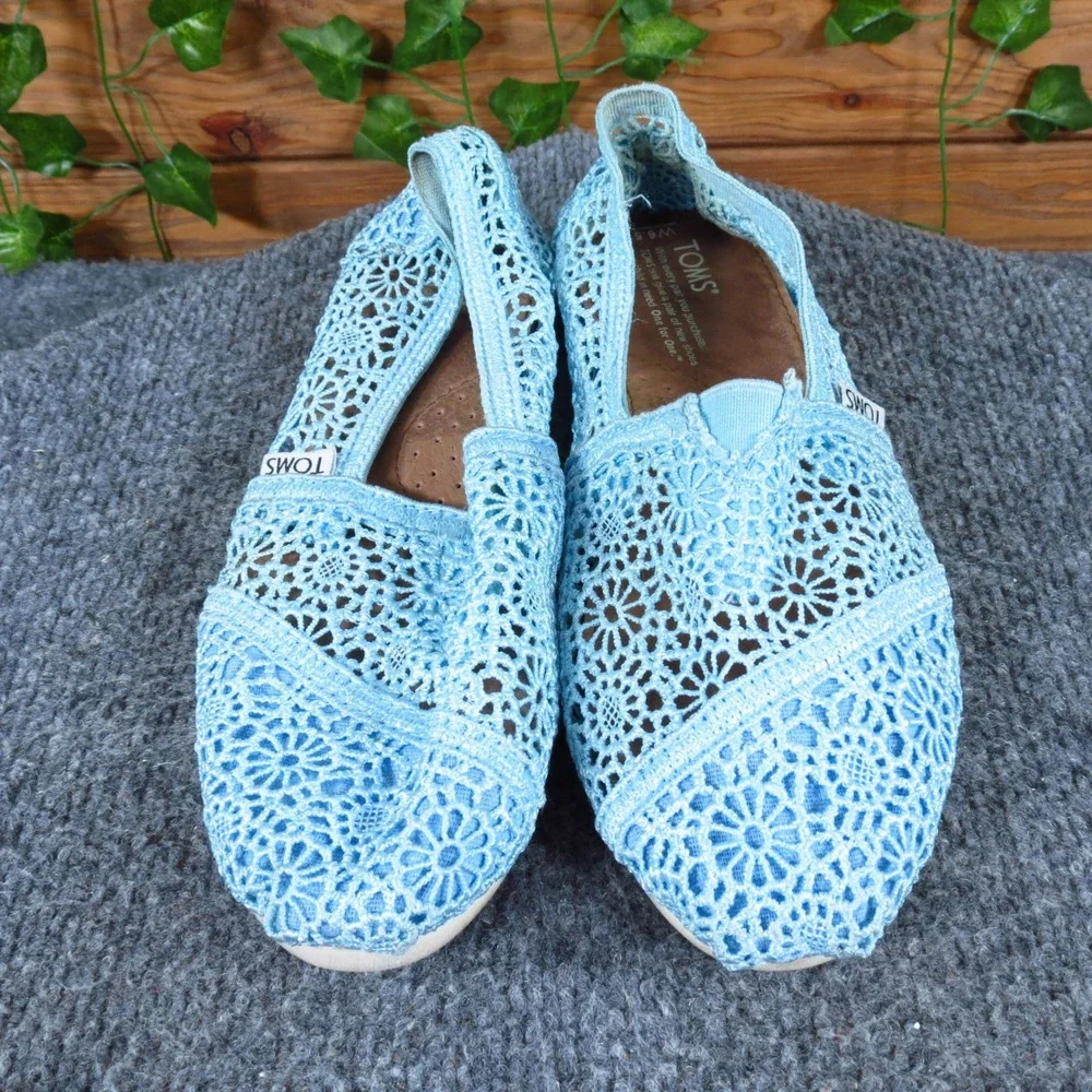 Toms Classics Crochet Women Flat Sz 6.5 Casual‎ Summer Slip-On Light Blue Fabric